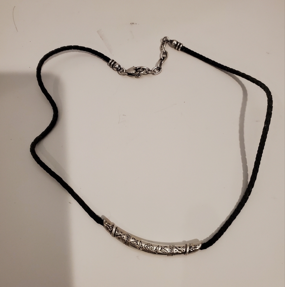 Brighton black leather cord necklace with etched silver plated pendant